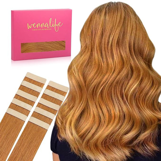 WENNALIFE Tape in Hair Extensions Human Hair Auburn Ginger Tape in Extensions, 10pcs 30g 22 inch Remy Invisible Tape Ins Straight Colored Soft Real Human Hair Tape in Extensions Refill Set Extensions