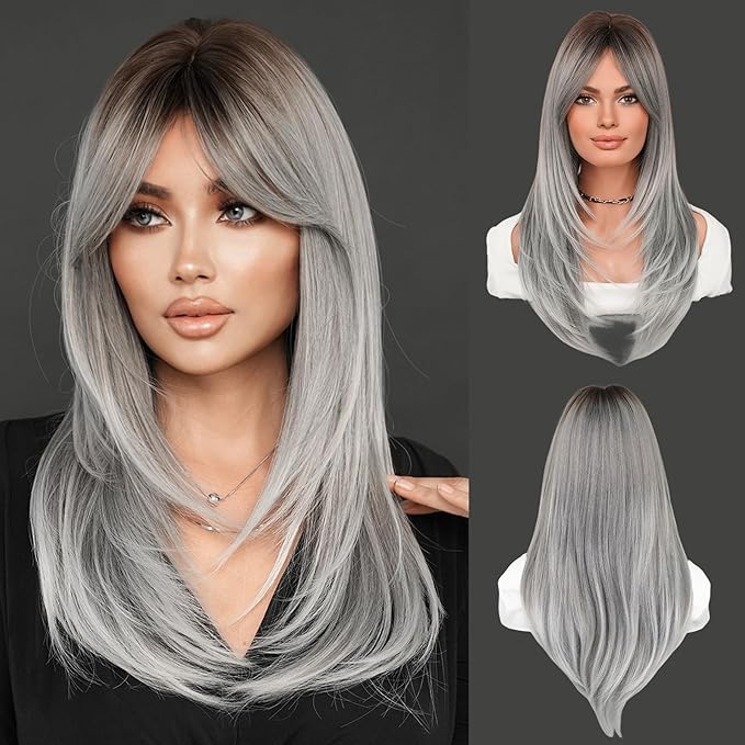 7JHH WIGS Grey Ombre Layered Wig with Curtain Bangs Long Straight Pixie Cut Natural Looking Heat Resistant Synthetic Hair Fiber Wigs for Women Daily Used