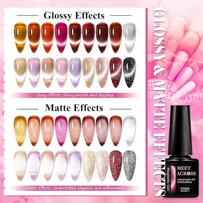 MEET ACROSS Brown Cat Eye Gel Nail Polish Set 18PCS Glitter Gel Polish Kit Gold Gel Amber Caramel Shimmer Nail Polish Kit Reflective Fall Translucent Cateye Gel Polish Salon DIY Gifts