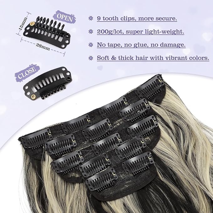 Clip in Hair Extensions Long Wavy Hair Extension Clip ins 5Pcs 20 Inch Black mix Blonde Synthetic Thick Hairpieces for Women