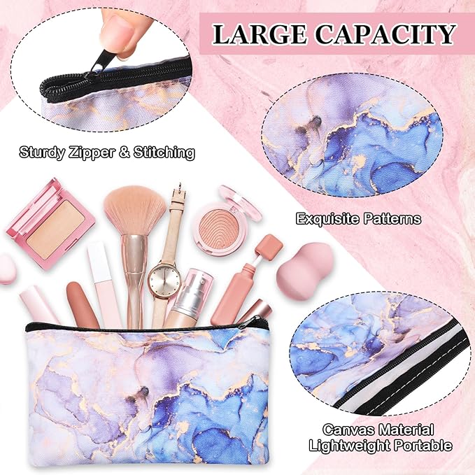 24 Pieces Makeup Bags Bulk Canvas Cosmetic Bags Purse Organizer Zipper Cosmetic Pouch Portable Travel Toiletry Pouch for Women Men Gifts, 7 x 4 Inch (Marble)