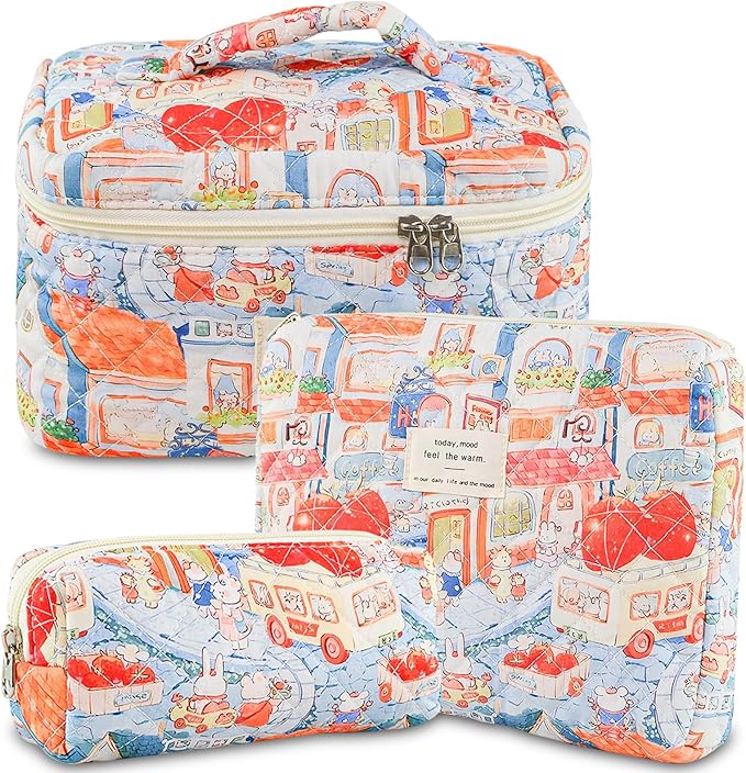 Makeup Bag, 3 PCS Quilted Makeup Bag, Cute Floral Cotton Cosmetic Bag set, Coquette Makeup Pouch Large Travel Toiletry Bag