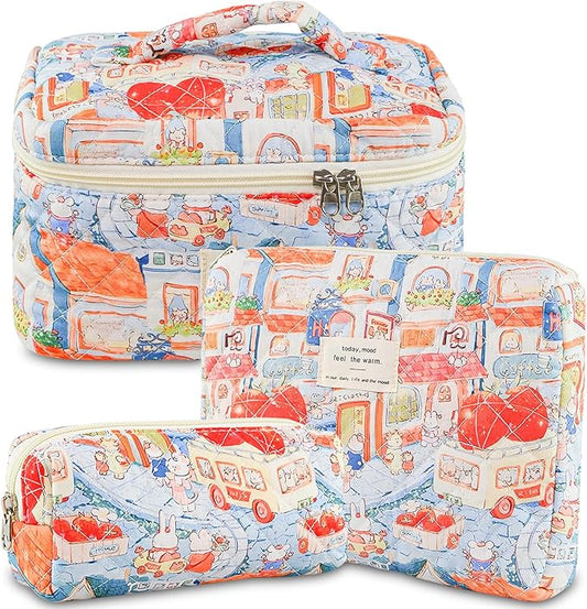 Makeup Bag, 3 PCS Quilted Makeup Bag, Cute Floral Cotton Cosmetic Bag set, Coquette Makeup Pouch Large Travel Toiletry Bag