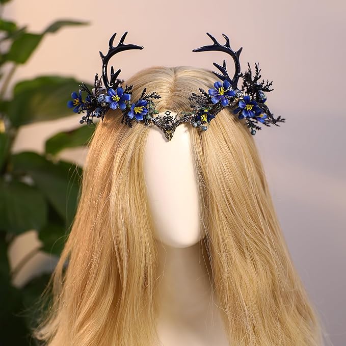 MOSTORY Light up Antler Crown - Handmade Blue Flower Elf Headpiece Forest Fairy Headband Elven Dark Circlet for Women Renaissance Cosplay Goth Wedding Renfaire Accessory
