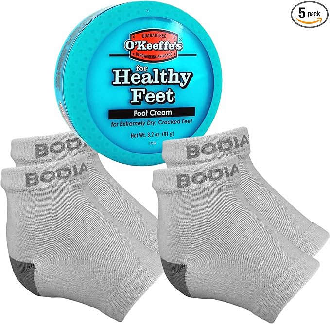 Dry Cracked Heels Repair Bundle with Open Toe Moisturizing Silicone Gel Heel Socks (2 Pairs, Gray) and O’Keeffe’s Healthy Feet Cream Jar for Home Foot Skin Care