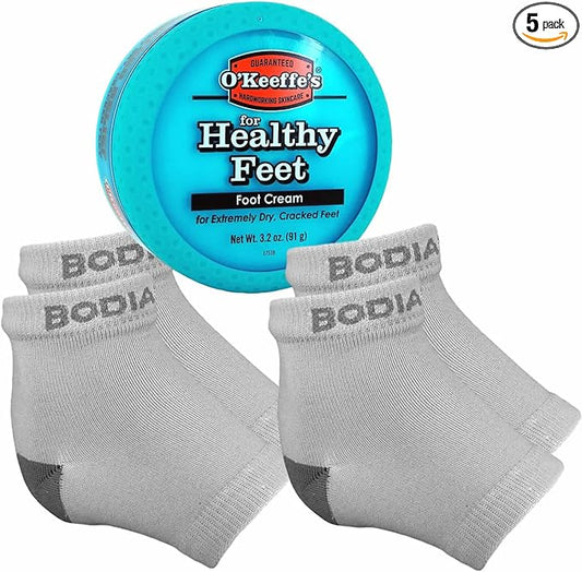 Dry Cracked Heels Repair Bundle with Open Toe Moisturizing Silicone Gel Heel Socks (2 Pairs, Gray) and O’Keeffe’s Healthy Feet Cream Jar for Home Foot Skin Care