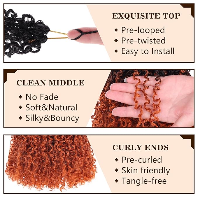 COOKOO 8 Inch Pre Twisted Ombre Yanky Twists Crochet Hair 8 Bundles/Lot Pre-looped Yanky Twists Hair with Curls Bohemian Spring Twist Crochet Hair Passion Twist Crochet Braiding Hair for Women 1B/24C#