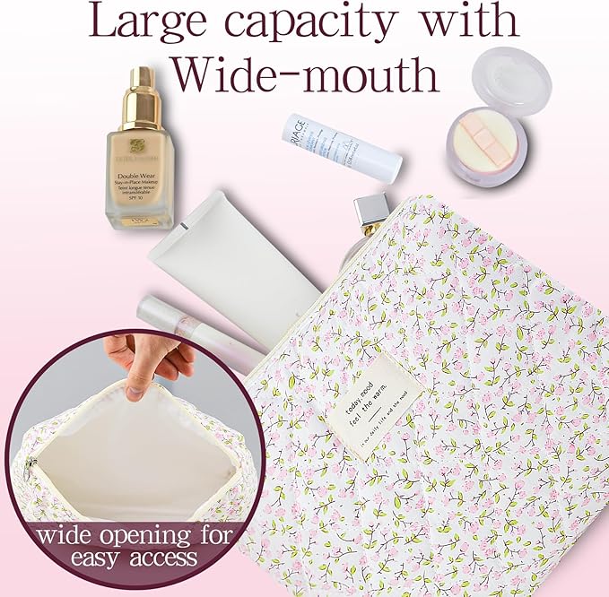 Makeup Bag, 3 PCS Quilted Makeup Bag, Cute Floral Cotton Cosmetic Bag set, Coquette Makeup Pouch Large Travel Toiletry Bag