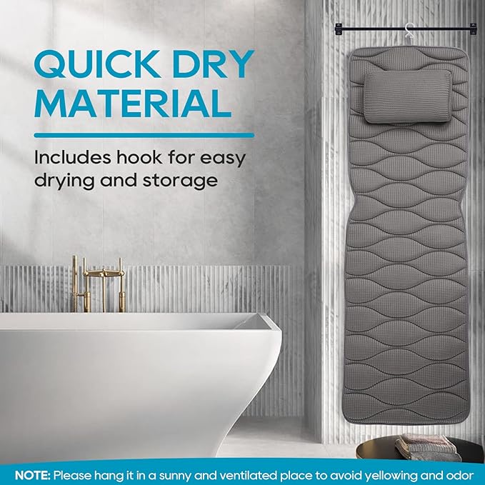 OMYSTYLE Full Body Bath Pillow, Bath Pillows for tub with Mesh Washing Bag & 21 Non-Slip Suction Cups, Spa Bathtub for Head Neck Shoulder and Back Support - 5D Air Mesh & Quick Drying | Gray