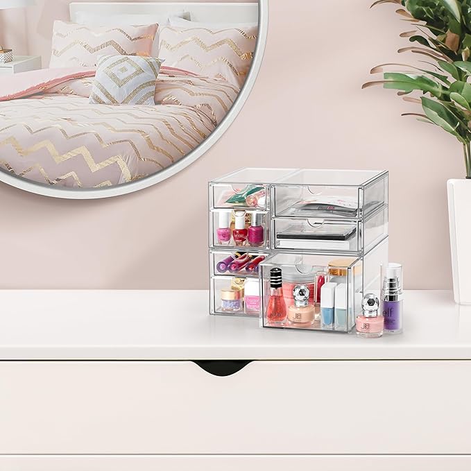 Sorbus Makeup Organizer With 7 Drawers, Acrylic Drawer Organizer for Makeup, Office Organization and Storage, Art Supplies, Jewelry, Stationary - 2 Pcs Clear Stackable Storage Bins Organizer Drawers