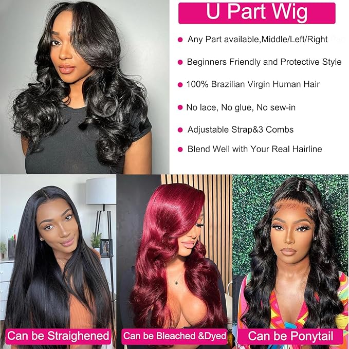 U Part Human Hair Wig Body Wave U Part Wig Human Hair for Black Women Glueless Wigs Human Hair Clip Upgrade Natural Hair Wig Beginner Friendly Middle Part 180% Density 14inch