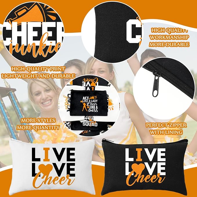 Pinkunn 20 Pcs Cheer Makeup Bags Bulk Cheerleader Gifts for Women Canvas Cheer Cosmetic Pouch Toiletry Zipper Makeup Case Cheerleading Portable Travel Pouch Team Accessories(Orange)
