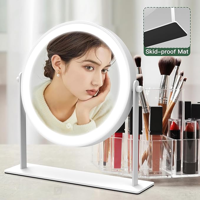 10"x10" Lighted Makeup Mirror, Vanity Mirror with Lights, Dimmable Touch Screen, Light up Mirror, Portable Travel Mirror, Cosmetic Mirror for Makeup Desk, 360° Rotation, Women Gift