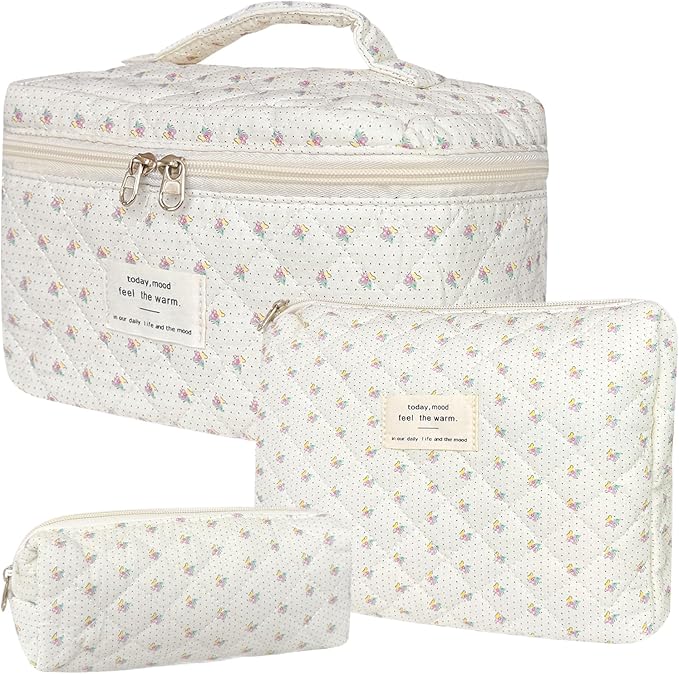 3Pcs Cotton Quilted Makeup Bag for Women Girls, Large Floral Cosmetic Bag Set Cute Makeup Brushes Aesthetic Accessories Storage Bag Little Flower Travel Toiletry Bag Organizer