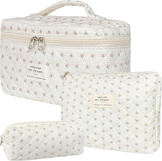 3Pcs Cotton Quilted Makeup Bag for Women Girls, Large Floral Cosmetic Bag Set Cute Makeup Brushes Aesthetic Accessories Storage Bag Little Flower Travel Toiletry Bag Organizer