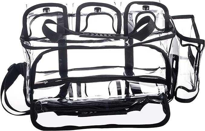 Wide Open Large Professional Clear PVC Travel Makeup Artist Set Cosmetic Nails Beauty Transparent Vinyl Tool Organizer Work Beach Diaper Bag With 6 External Pockets & Strap (Black)