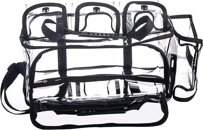 Wide Open Large Professional Clear PVC Travel Makeup Artist Set Cosmetic Nails Beauty Transparent Vinyl Tool Organizer Work Beach Diaper Bag With 6 External Pockets & Strap (Black)