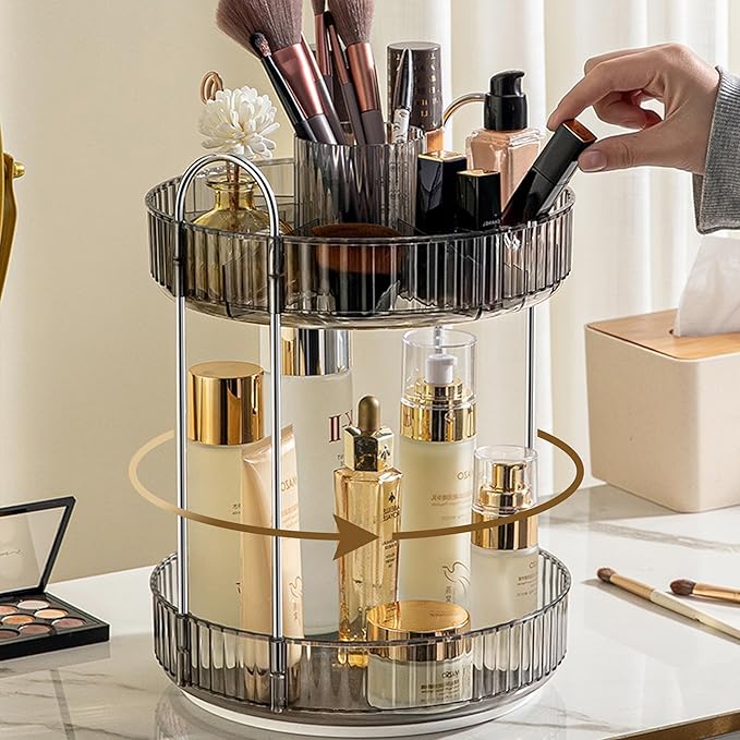 Aveniee 360° Rotating Makeup Organizer for Vanity, Upagraded Perfume Skincare Bathroom Counter Organizers with Brush Divider, Two Tier Spinning Lipstick Cosmetic Makeup Lotion Storage Organizer (Grey)