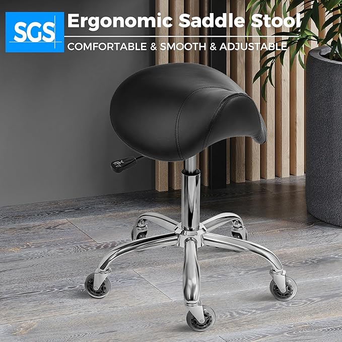 BEWISHOME Saddle Stool with Wheels, Swivel Adjustable Rolling Stool,Heavy Duty PU Leather Wide Thick Seat Padding Ergonomic Chair for Beauty Salon Spa Clinic(Black) BMD01B