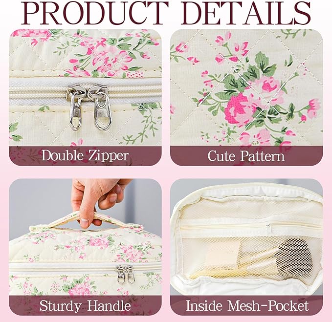 Makeup Bag, 3 PCS Quilted Makeup Bag, Cute Floral Cotton Cosmetic Bag set, Coquette Makeup Pouch Large Travel Toiletry Bag