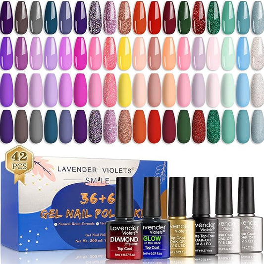 Lavender Violets 42 Pcs Gel Nail Polish Kit Set with 36 Colors Coat, 6 Bottles of Base top Coat, Glossy Matte Diamond Shine Glow in the Dark Top Coat for Nail Art C951