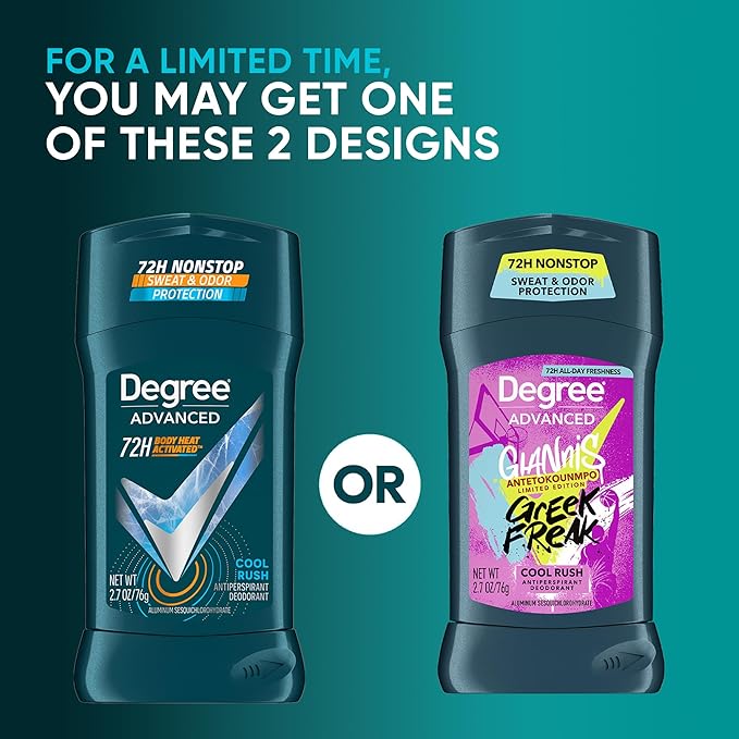 Degree Men’s Antiperspirant Deodorant, Cool Rush, 5-Pack – Giannis Antetokounmpo “Greek Freak” Limited Edition, 72H Sweat & Odor Protection, 2.7 Oz Ea