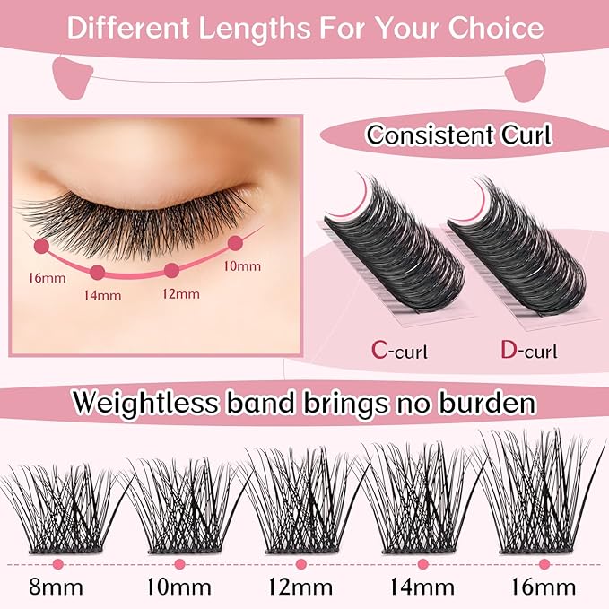 Cluster Lashes 72 Pcs Lash Clusters DIY Eyelash Extension Individual Lashes D-10mm Thin Band Easy to Apply at home Lashes (First Glance, D-10mm)