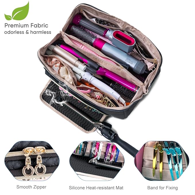 Large Hair Tools Travel Bag with Iron Mat - 2in1 Hair Tools Organizer for Hair Dryer Brush, Flat Irons, Straighteners, Curling Irons, Hair Bag, Makeup Bag, Cosmetic Bag for Travel Essentials