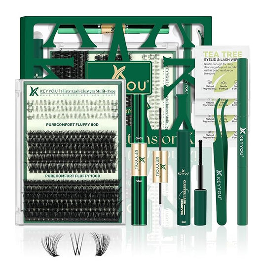 Lash Extension Kit with Bottom Lashes Mixed 5-18mm 80D 100D Eyelash Extension Kit Multi-Type Lash Clusters with Bond and Seal Applicator Remover DIY at Home