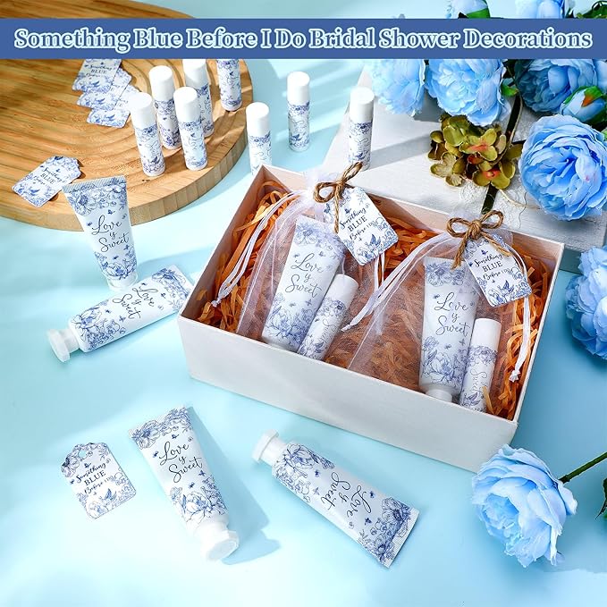 48 Sets Something Blue Before I Do Bridal Shower Hand Cream and Lip Balm Gift Bulk Blue Floral Wedding Favors Travel Size Hand Lotion and Lip Balm Bridal Shower Party Supplies for Guest