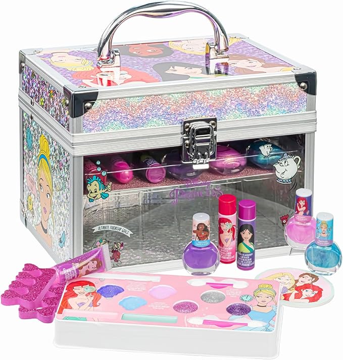 Disney Princess Train Case Beauty Set, Kids Makeup Kit for Girls, Real Washable Makeup Set, Play Makeup, Party Favor, Birthday, Ages 3 4 5 6 7 8 9 10 11 12 by Townley Girl