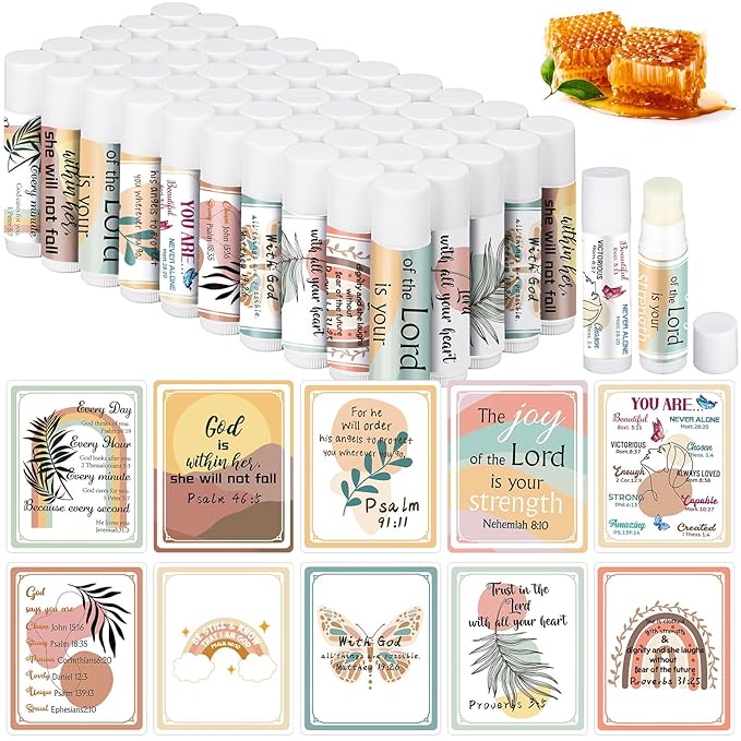 50 Pack Religious Lip Balm for Women Lip Balm with Scripture Bulk Christian Gifts Faith Bible Verse Scripture Inspirational Gift Party Favors Coworkers 10 Styles(Boho)