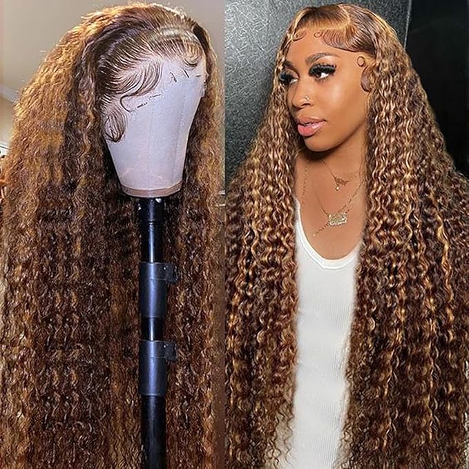 34inch Highlight Ombre 13x6 Lace Front Wig Human Hair Pre Plucked P4/27 Deep Wave Lace Front Wigs Honey Blonde HD Lace Frontal Wigs Human Hair 180% Density Colored curly Human Hair Wig