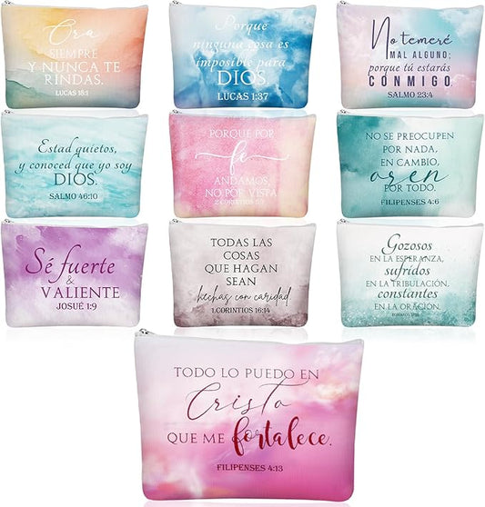 10Pcs Christian Gifts for Women Religious Cosmetic Bags Inspirational Bible Verse Pencil Pouch Canvas Makeup Bags Bulk with Zipper for Mother Sister Church Favors