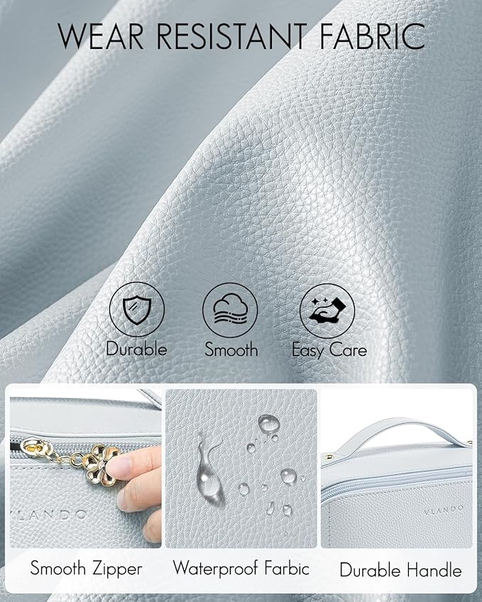 Vlando Makeup Bag,Travel Makeup Bag Waterproof Portable Cosmetic Bag PU Leather Open Flat Make up Organizer for Toiletries,Gifts for Teen Girls Women(Baby Blue)