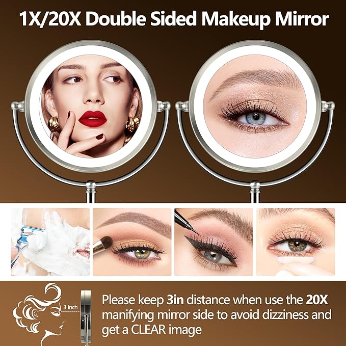 20x Large Lighted Makeup Mirror, Rechargeable 8.6" Magnifying Makeup Mirror, 30-Minute Timer,3 Color Modes, Adjustable Brightness, No Assembly Required, 360° Rotation Cosmetic Mirror, Pearl Nickel