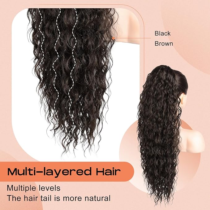 SEIKEA Ponytail Extension, 26" Lightweight Curly Drawstring Ponytail Long Thick Fake Pony Tail Multi Layered Natural Soft Clip in Hair Extensions Ponytail Synthetic Hairpiece for Women Black Brown