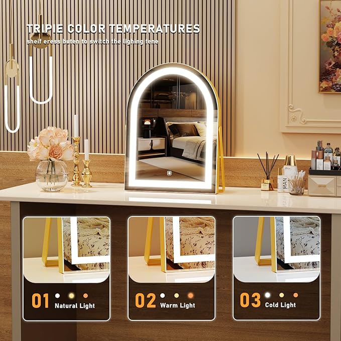 Elegant LED Vanity Mirror with 3-Color Adjustable Lights, Arched Makeup Mirror 360° Rotating Stand & Touch Control - Perfect Makeup Gift for Women Gold