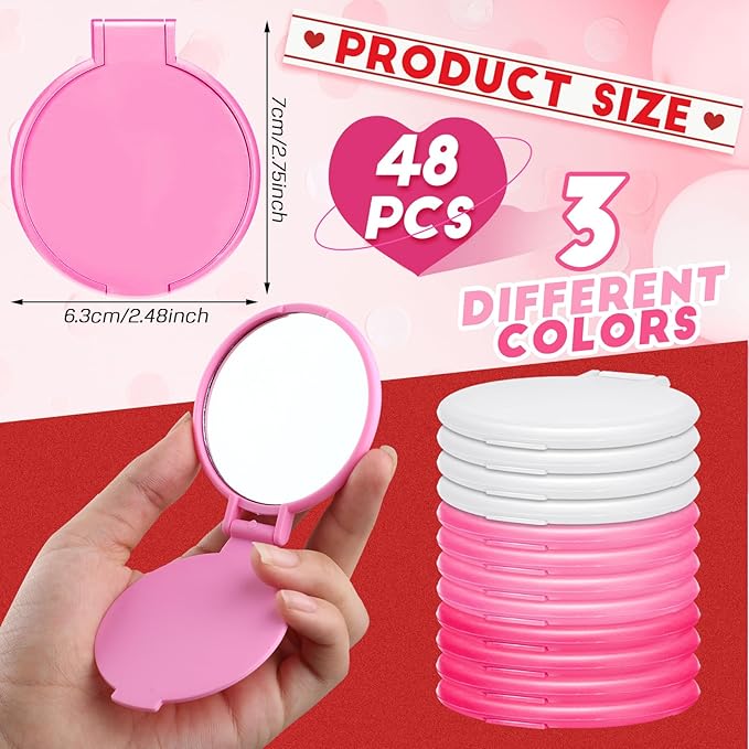 Weysat 48 Pcs Bulk Compact Mirror for Women Gift Pink Pocket Purse Multicolor Mini Mirror Gifts Stuffer for Wife Lover(White, Pink, Rose Red)