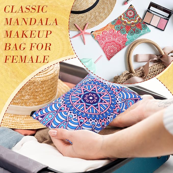 Eccliy 20 Pcs Mandala Makeup Bag Mandala Cosmetic Bag Canvas Gifts Mandala Accessories for Girls Toiletry Pouch with Zipper for Women Party, 8 x 5 Inch