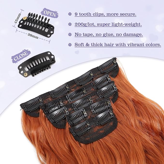 Clip in Hair Extensions for Women 20 Inch 5Pcs Long Wavy Curly Auburn Copper Red Hair Extensions Clip ins Full Head Synthetic Hair Extension for Women