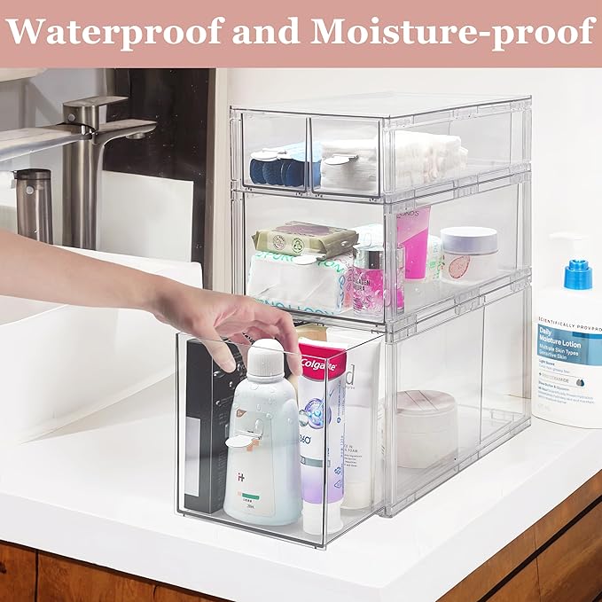 Homecor Stackable Storage Drawers Set of 7, Bathroom Makeup Organizer,Bathroom Organizers and Storage, Clear Cosmetic Storage Box For Vanity, Skincare, Undersink, Kitchen Organization (2L+M+4S)