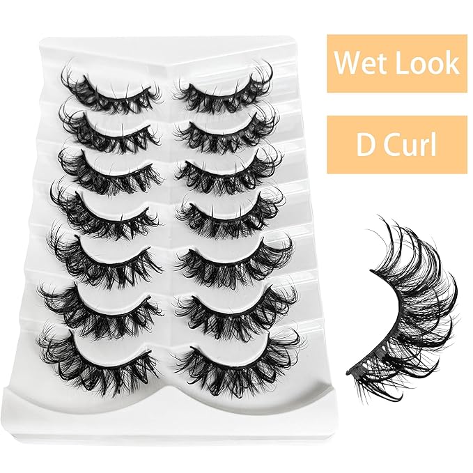 Wispy Lashes Wet Look NINGLASH D Curl False Eyelashes Natural Look Cat Eye Lashes Fake Eyelash Pack 18mm Faux 3D Mink Lashes Strips 7 Pairs