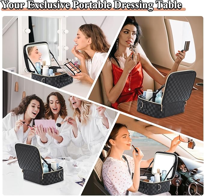 Travel Makeup Bag with LED Mirror - Lighted Makeup Case with 3 Color Setting - Rechargeable Cosmetic Box Organizer for Women - Beauty Tools Accessories Case (Black, Middle)