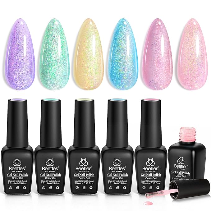 Beetles Glitter Gel Nail Polish Set, Pastel Pink Purple Blue 6 Colors Nebula Halo Chameleon Gel Polish Soak Off Uv Nail Lamp Gifts for Women