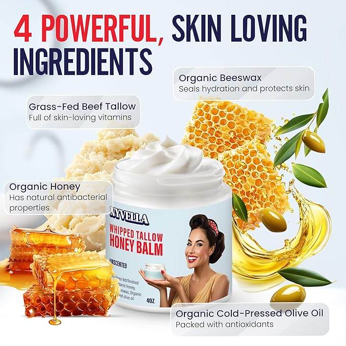 Beef Tallow for Skin – Grass-Fed Whipped Tallow Honey Balm with Beeswax & Olive Oil | 4oz Unscented Moisturizer for Face & Body | Deep Hydration for Dry, Sensitive Skin