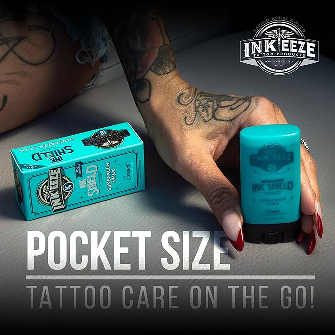 INK-EEZE Tattoo Sunscreen Stick SPF 50, Ink Shield, UVA/UVB Blocking, Dries Clear, Ozone Reef Friendly, Vegan, Made in USA, Coconut, 0.5oz Stick
