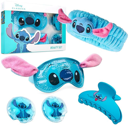 Disney Stitch Cooling Eye Mask & Beauty Accessories Set with Claw Clip Skincare Headband Cooling Eye Pads, Pampering Beauty Gifts for Women (Blue)