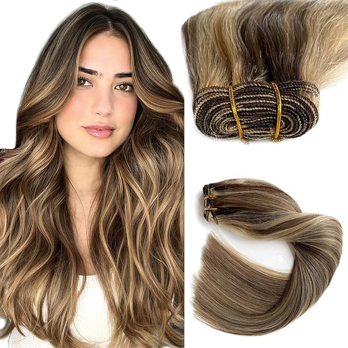 Sew In Real Human Hair Extensions, 20 Inch 100G Weft, Ash Brown Balayage Honey Blonde Highlights, Hand Tied, Remy Human Hair Bundles, Sew In for Women
