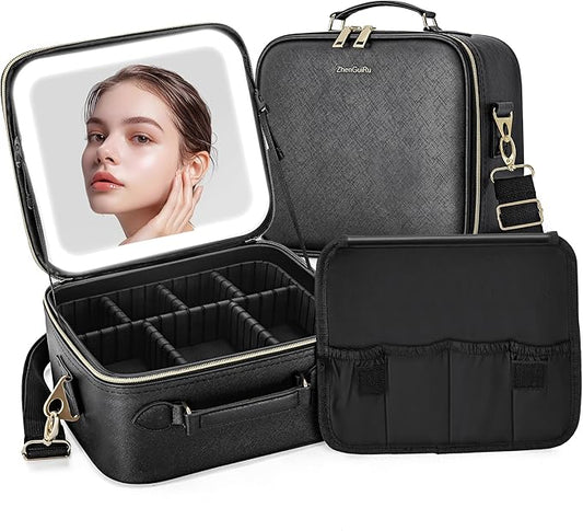 Travel Makeup Bag with LED Mirror, Portable Cosmetic Case Organizer with Lighted Mirror, Waterproof Makeup Case for Cosmetic Brush Holder Storage, Black Toiletry Bag for Women Gift